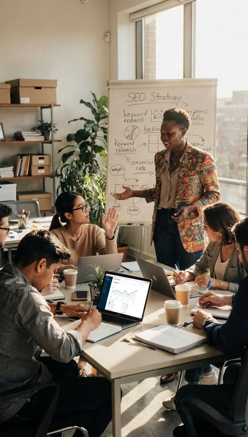 Freelancers collaborating in an SEO shared office space.