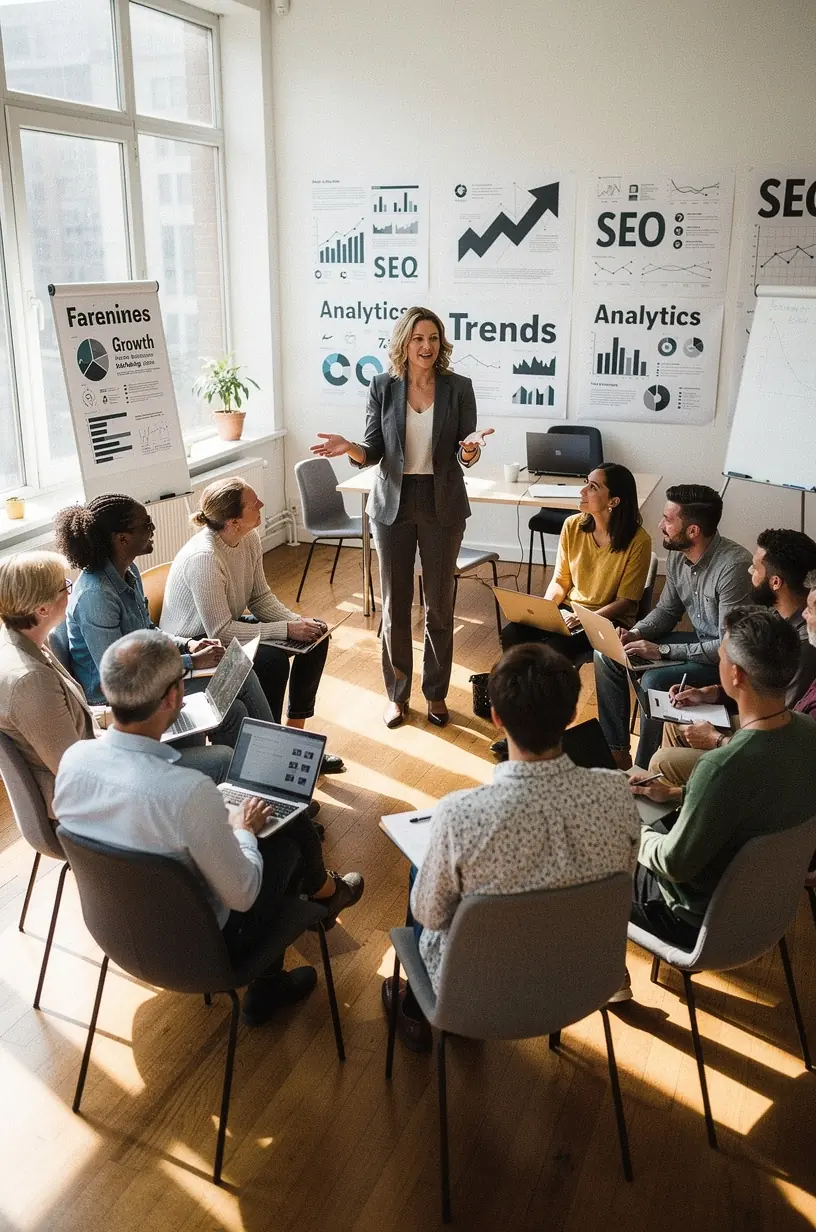 Freelance SEO consultation process in shared office space.