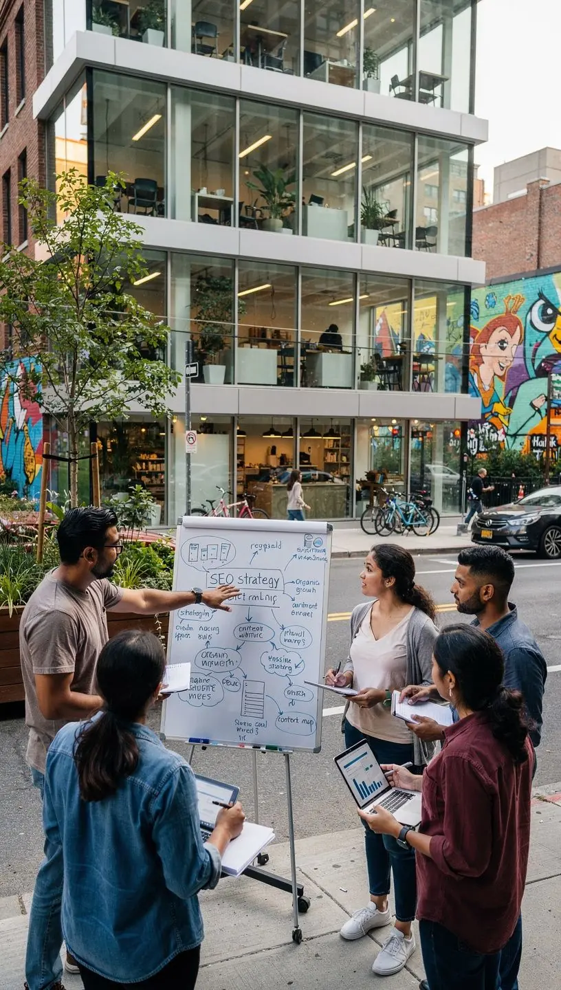 Freelancers discussing SEO strategies in shared office space