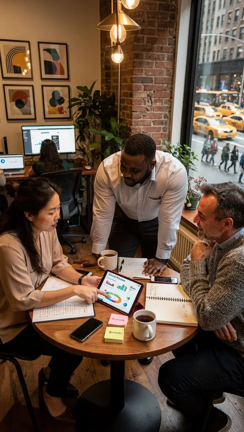 Freelancers collaborating in shared office space for SEO
